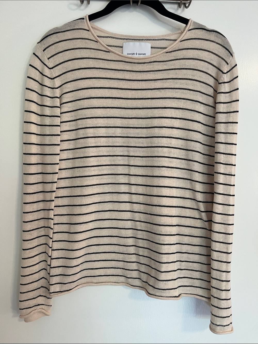 SAMSOE Striped Crew Neck Sweater in Beige and Black